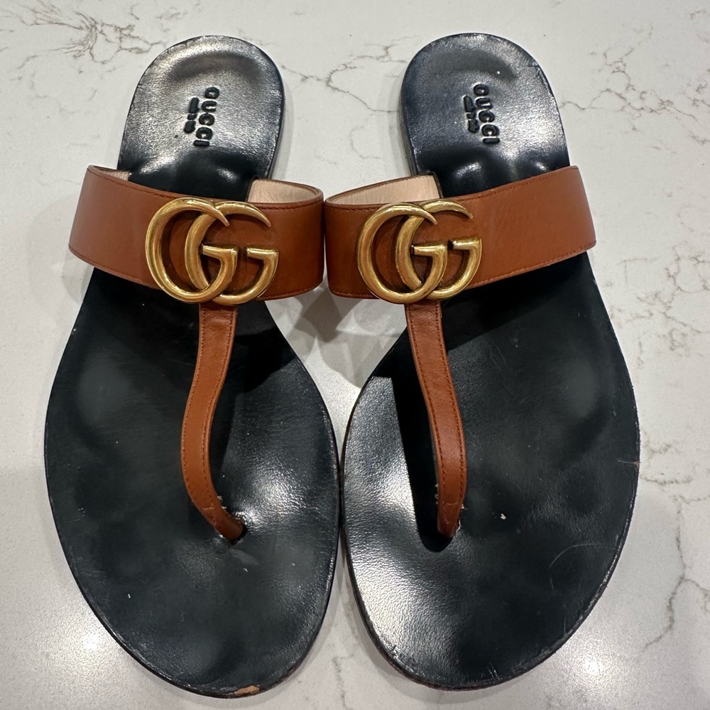 Gucci Marmont t-strap sandals brown leather